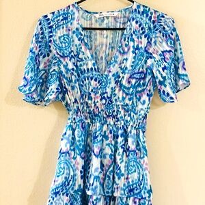 ZARA Boho Printed Dress Short Sleeve Blue Metallic Paisley Size S